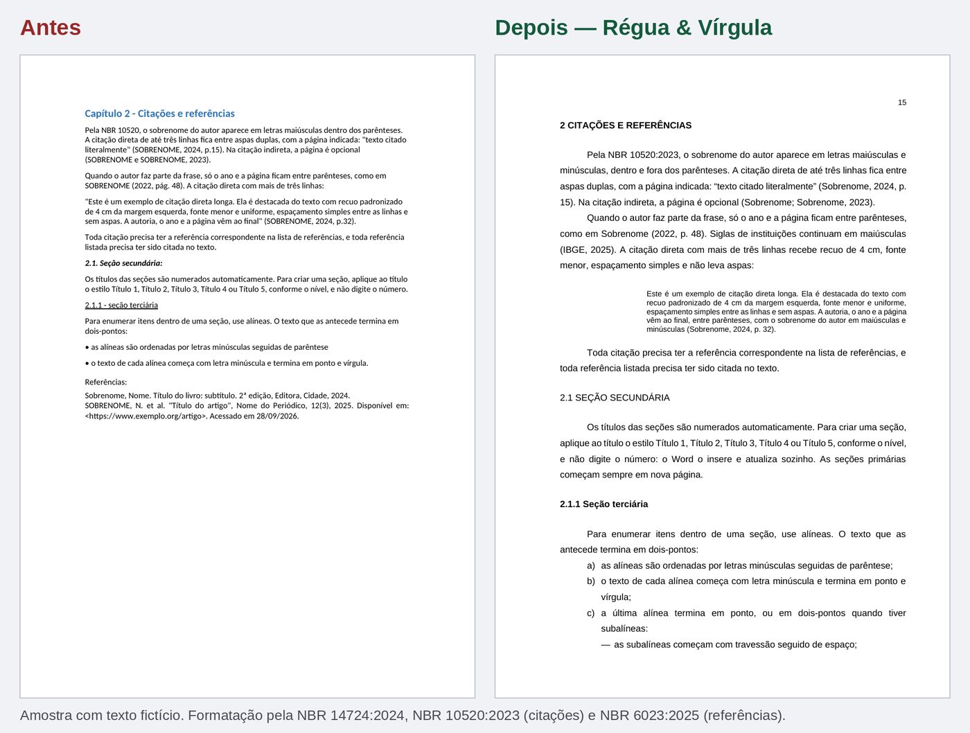 Página de TCC antes e depois da formatação ABNT