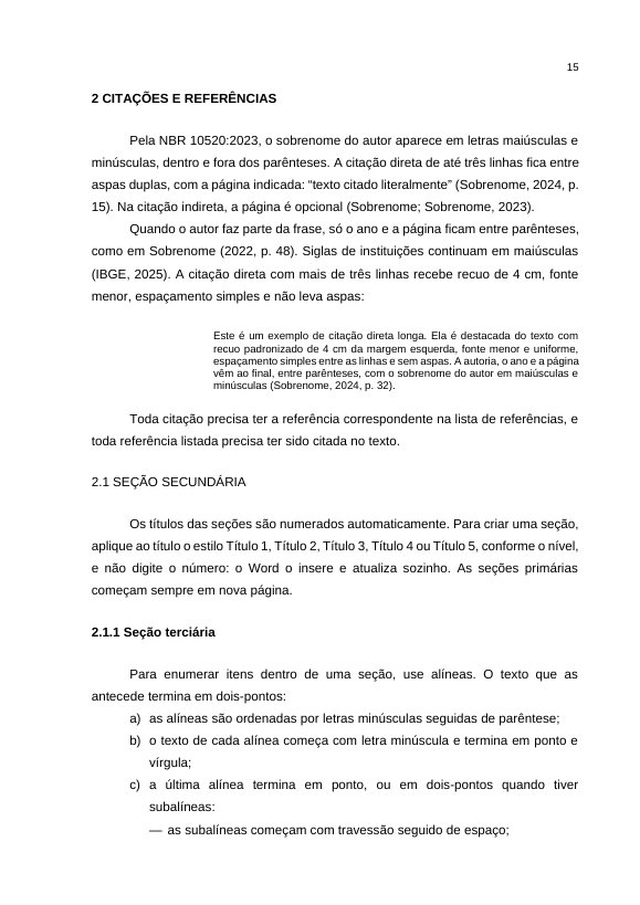 Página de citações e seções do modelo